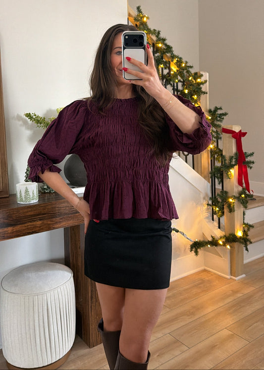 Winter Merlot Smocked Top